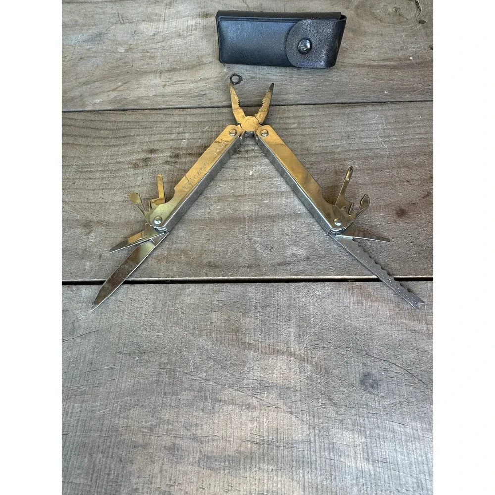 Vintage Chicago Tool‎ Chrome Multitool. With Case Pliers, Knife & Accessories